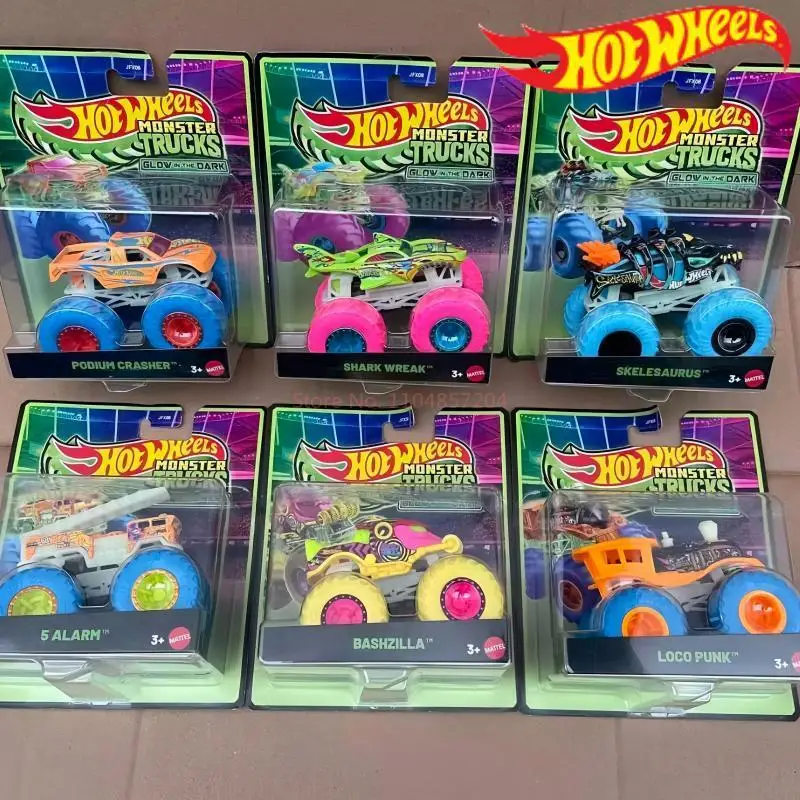 

Новая модель 2026 года Hot Wheels Monster Trucks JFX08: светящаяся в темноте внедорожная машинка Big Foot Diecast, игрушка для мальчиков, модель внедорожника Skelesaurus Loco