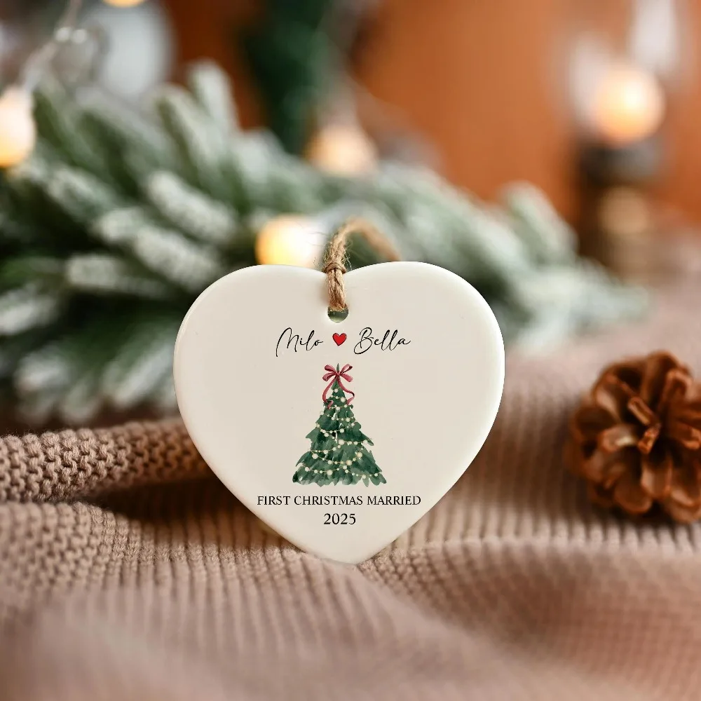 2026 New First Christmas Married Heart Ceramic Ornament Custom Couple Names Xmas Tree Decoration Newlywed Wedding Keepsake.