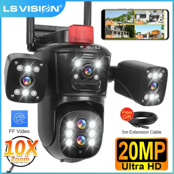 LS VISION 20 MP WiFi-IP-Kamera mit vier Bildschirmen für den Außenbereich, 10-facher Zoom, 360 ° Anzeige der PTZ-Kamera AI Tracking CCTV-Videoüberwachungs-Überwachungskamera