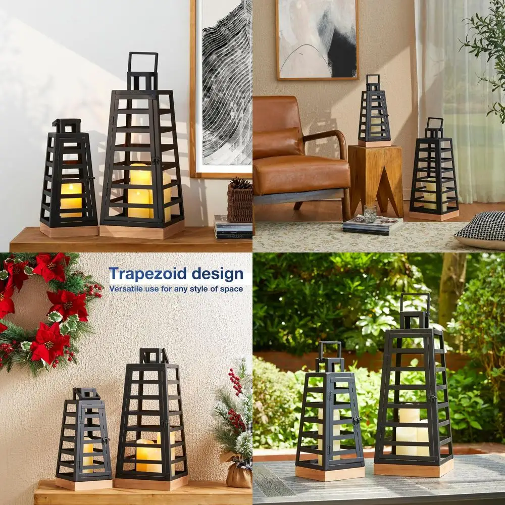 

Modern Trapezoid Metal and Wood Decorative Lanterns Set of 2, Large Candle Lanterns for Living Room, Home, Indoor and Outdoor Us
