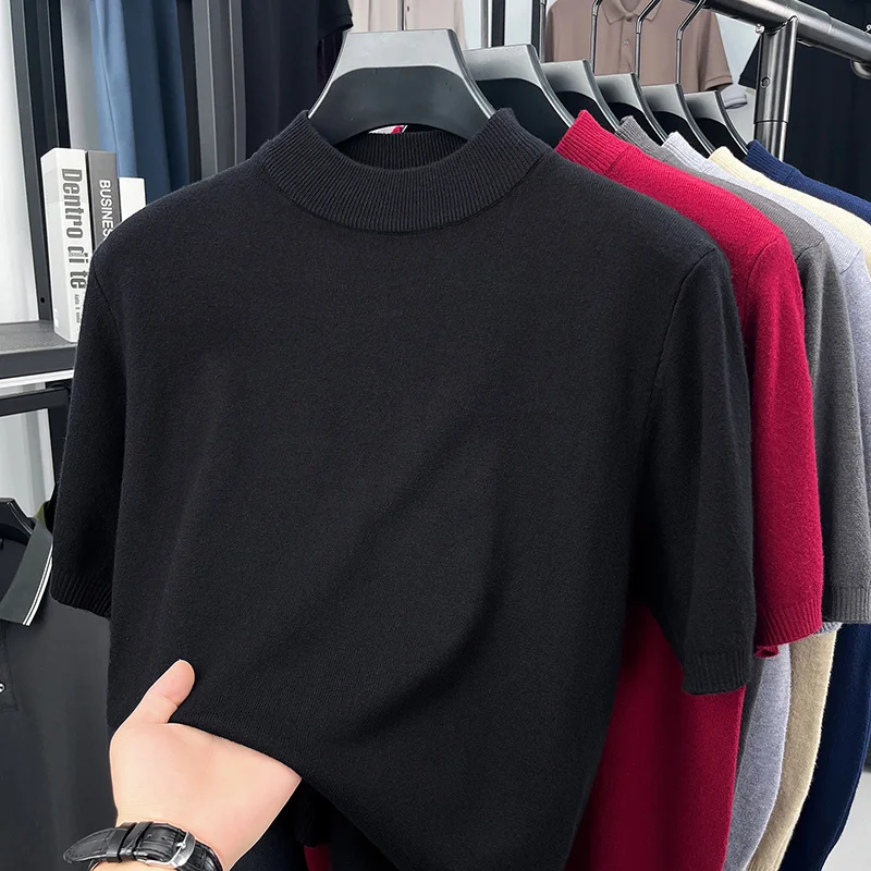 Herren Einfarbige Mock-Neck Kurzarm-Strick-T-Shirts Lässige Basis-Oberteile Weich Dehnbar Knitterfrei Für Alle Jahreszeiten Geeignet – Detail 15