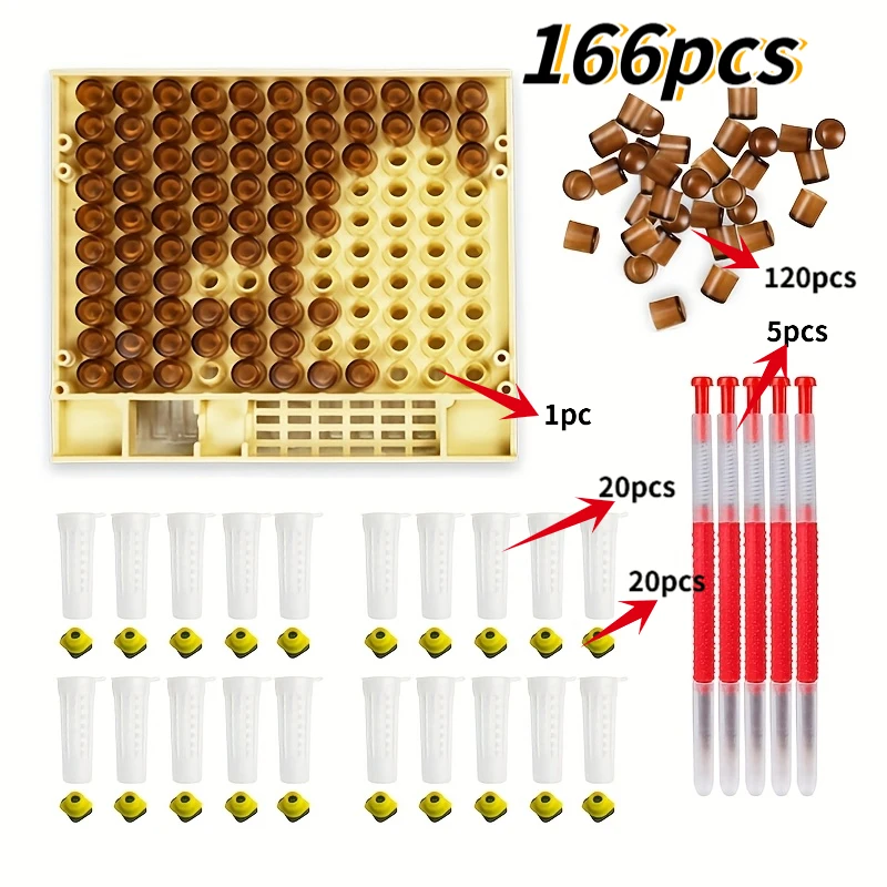 166Pcs Beekeeping Queen Rearing Kit Breeding Cell Cups + Protectors + Grafting ,Needles Beeswax Tool Set