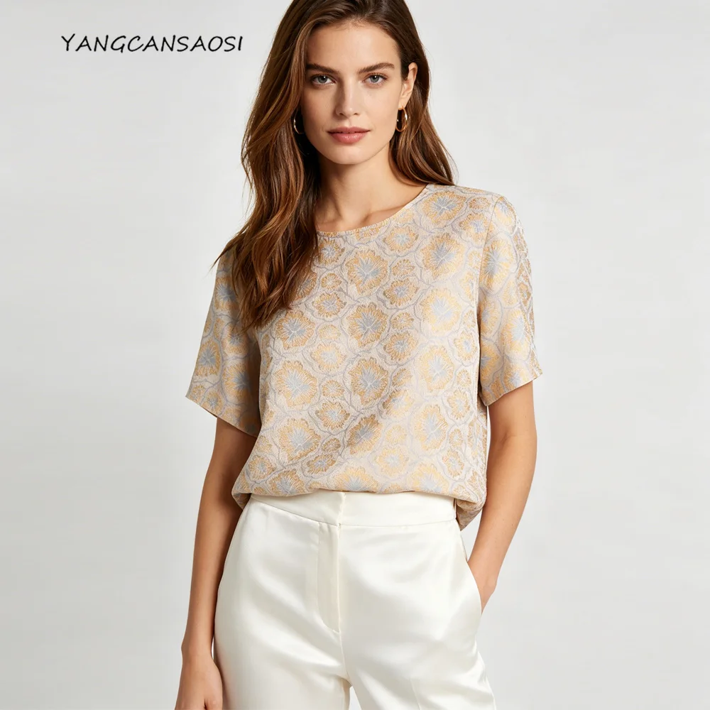 2026 Women's Casual Summer New Heavy 100% Natural Mulberry Silk Song Brocade Apricot Printed Round Neck Short Sleeve T-shirt