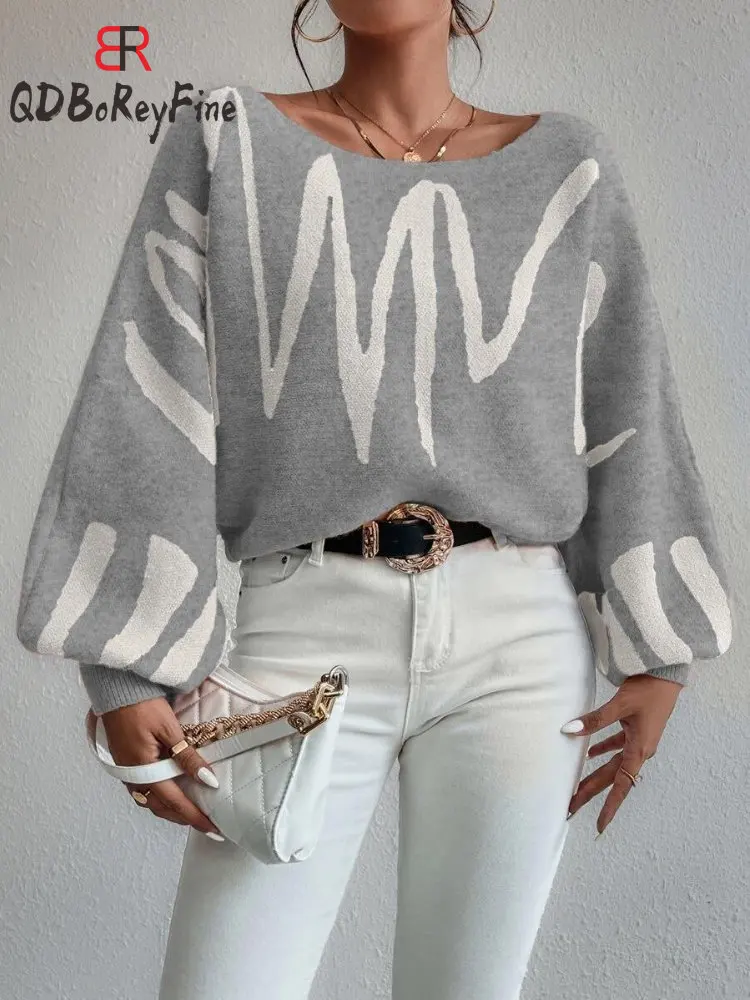 Women‘s Winter Pullovers Warm Print Lantern Sleeve Off Shoulder Casual Tops  Knitted Oversized Sweater Women 2024 New In Jumper