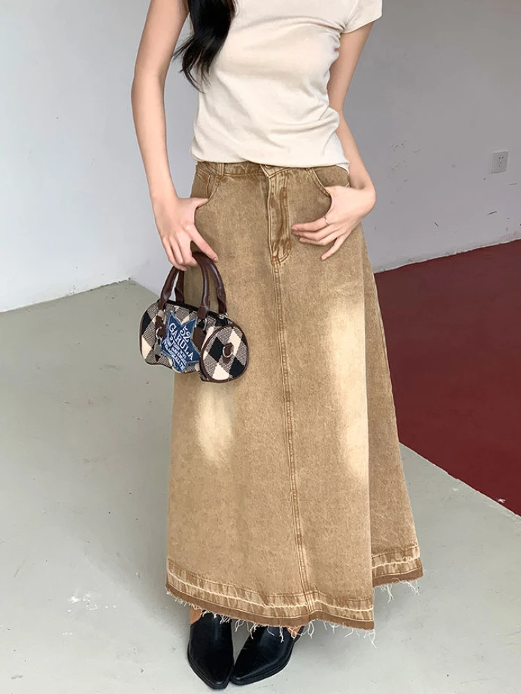 DEEPTOWN Vintage Denim Long Skirt Women Streetwear High Waist A-line Distressed Wash Raw Edge Maxi Jeans Skirt 2024 Autumn