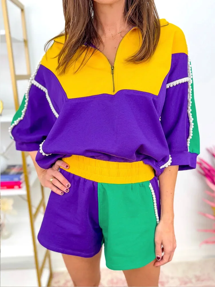 Color Block Patchwork 2 Pieces Set for Woman Activewear Fitness Joggers Pearls Sweatshirt Top and Shorts Sporty Casual Sweatsuit