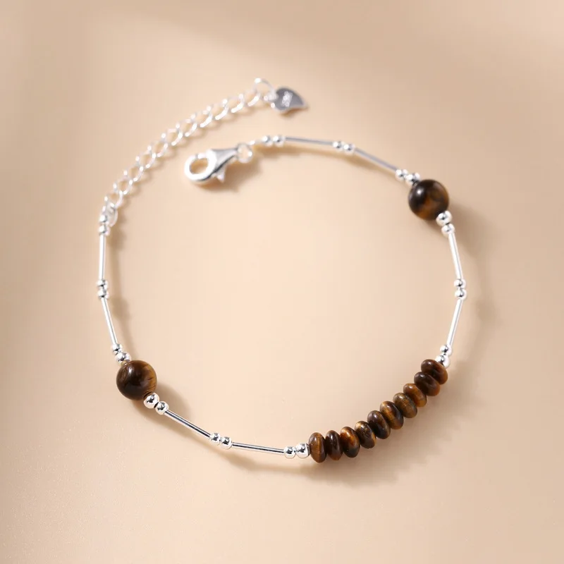 

19cm Silver 925 Bracelet Beans Silver Bracelet For Women Gift For Girls 925 Silver Bracelet Daily Tiger's-eye Stone Thin Tube