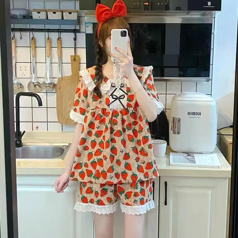 

Summer New Sweet Cute Doll Collar Knot ort Sve Spwear Two-Piece Set Women's Home Clothes Outdoor Wearable Set 6 sold