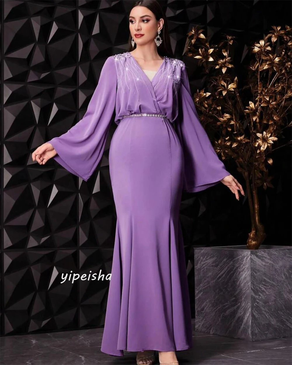   Satin Beading Draped Ruffles Valentine's Day Mermaid V-Neck Bespoke Occasion Gown Long Sleeve Dresses