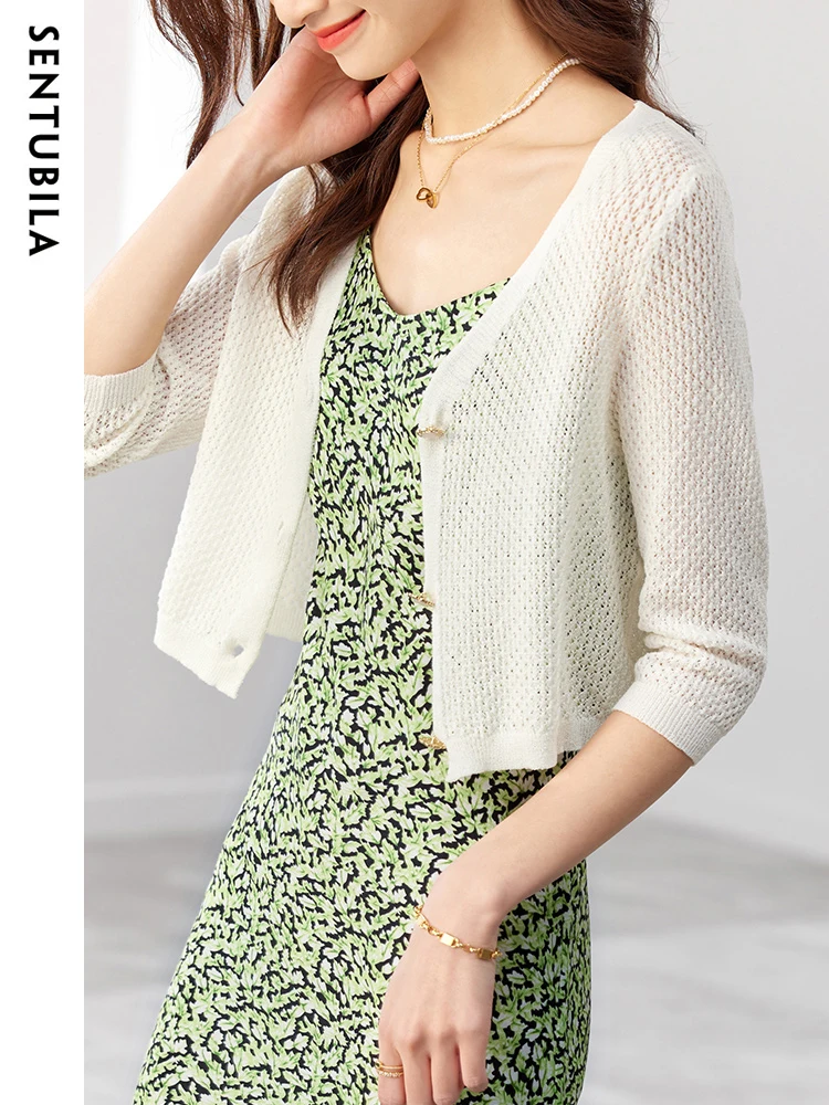 Sentubila cardigan in maglia ritagliata per donna 2023 maglieria cava estiva con scollo a v confortevole maglione con maniche a tre quarti top