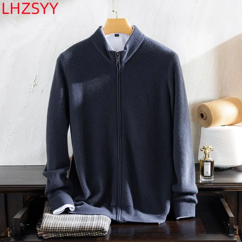 LHZSYY Men\'s 100% Pure Cashmere Knit Cardigan Young/Middle-aged High-End Tops Stand Collar Loose Zipper Jacket Warm Sweater Coat