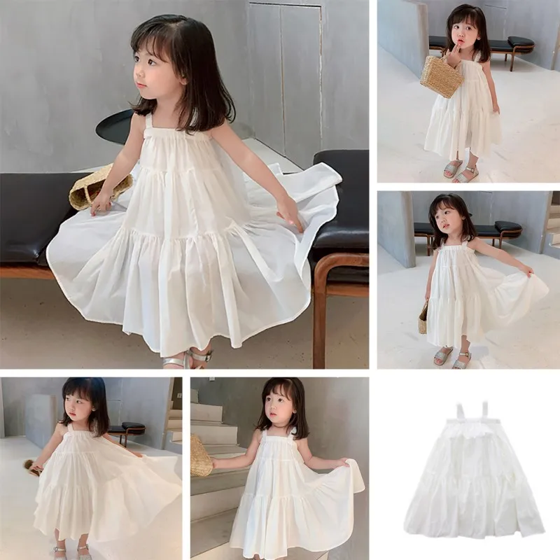 Girls Dresses Summer 2024 Korean Style Cool Casual Children\'s Clothing Cake Princess Dress Baby Kids Suspender Beach Skirt