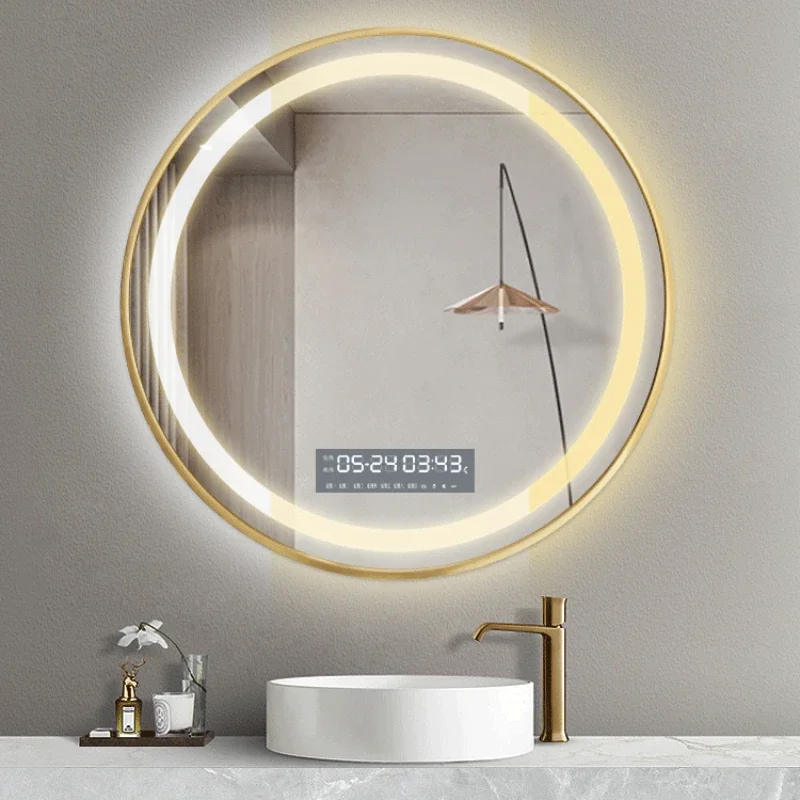 Intelligent bathroom mirror without punching, aluminum alloy frame, LED light mirror, circular toilet, defogging mirror