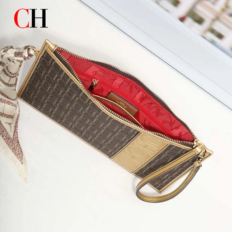 CH Women Vintage Clutch Bag With Silk Scarf Wristlet Large Capacity Zipper Handbag Luxury Designer Ladies Evening Purse