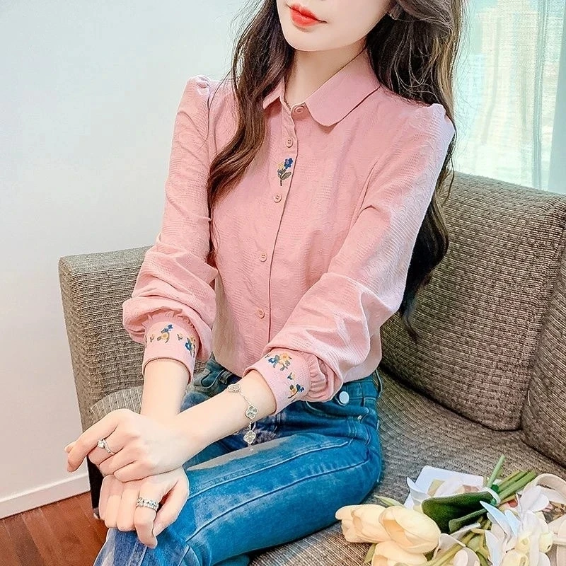 

Spring Autumn New Sle Women's Pure Cotton Embroidered irt Faionable Long Sve Ele Versatile Cotton Top for Ladies