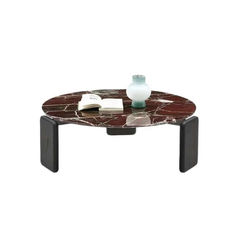 Light luxury stone marble coffee table living room household Italian minimalist round ash wood solid wood coffee table