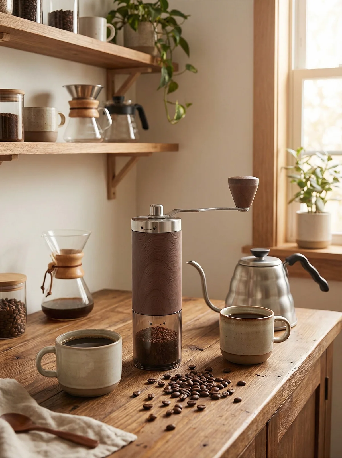 

1PCS Coffee Bean Grinder Portable Wood Grain Stainless Steel Crank Hand Hand Coffee Grinder Kitchen Tool Grinder