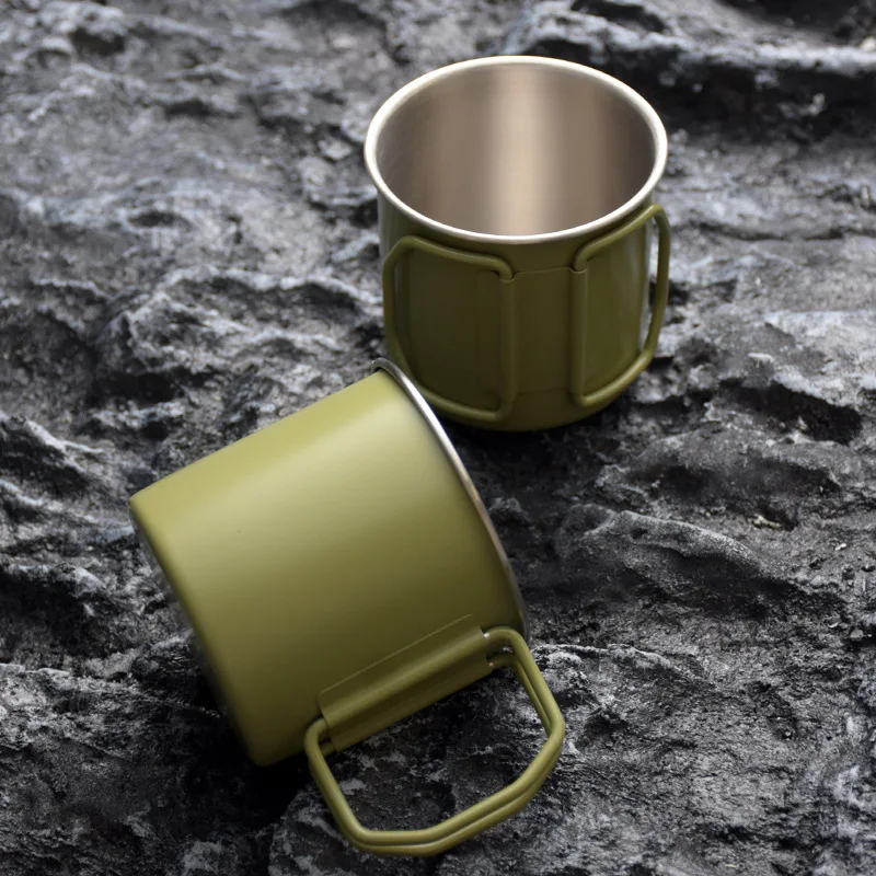 1pc  201-300ml Stainless Steel Mug for Home Kitchen Bar Coffee Store Outdoor Camping Hiking Tableware Cup with Foldable Handle
