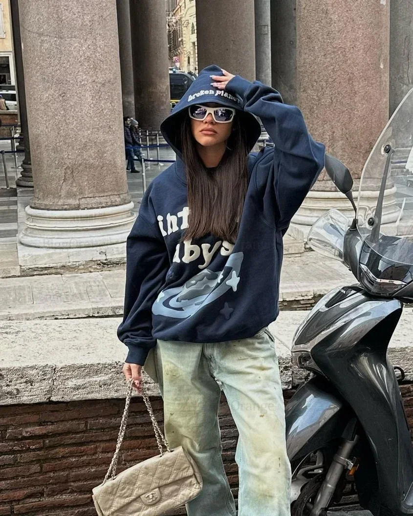 Streetwear kualitas terbaik katun Liner kaus baru wanita pasangan Y2k pakaian Harajuku abyss puff cetak Hoodies wanita