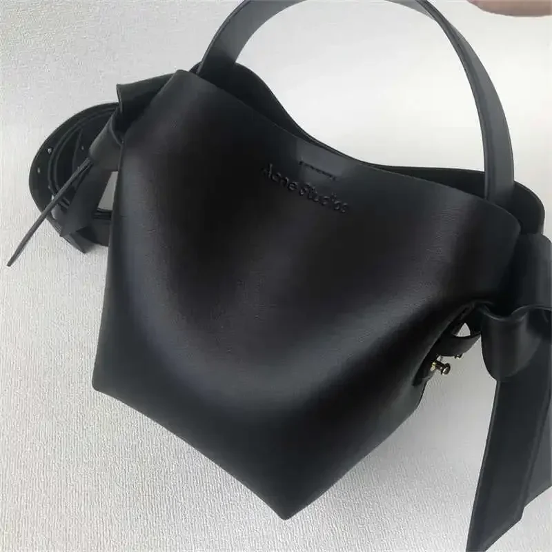 Bolso de mano de cuero con lazo para mujer, bandolera de un solo hombro, bolso de cubo