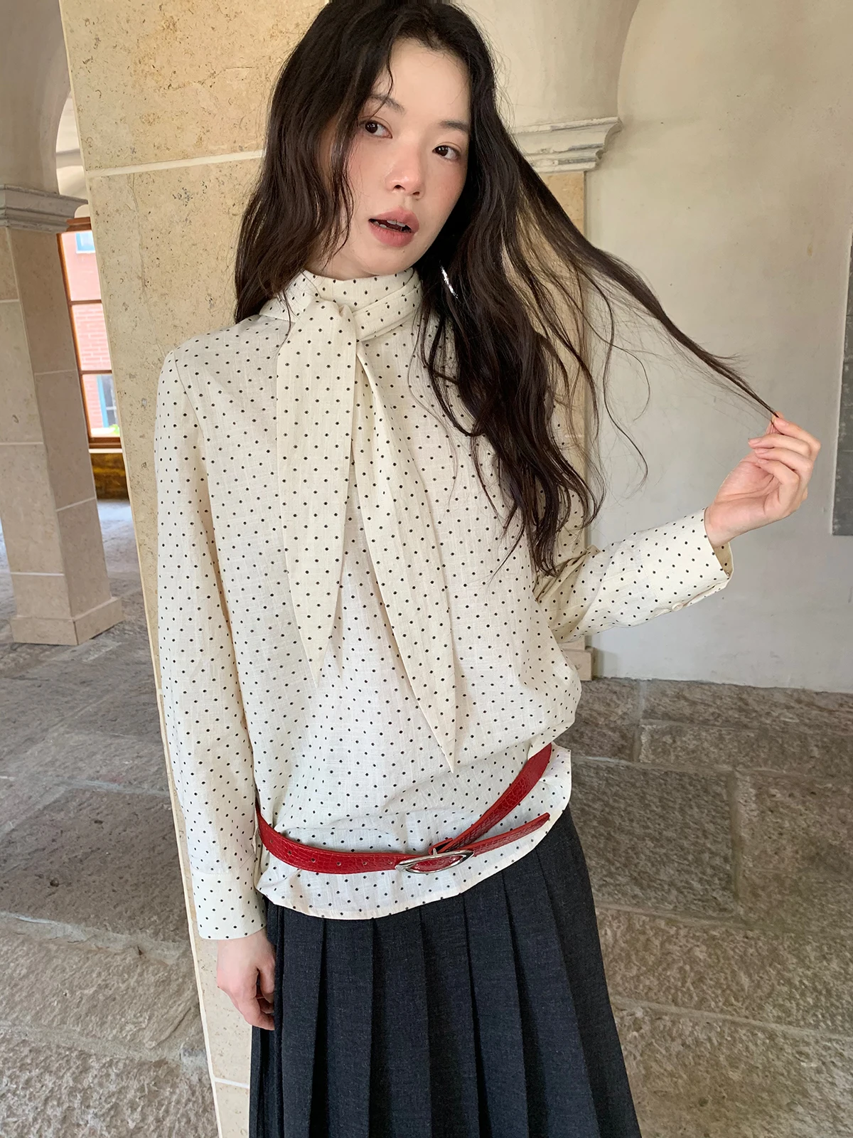 

Новая женская рубашка Dorydory Spring в горошек с завязками, высоким воротником, универсальная, из хлопка, с длинным рукавом, для повседневной носки, в корейском стиле, свободного кроя