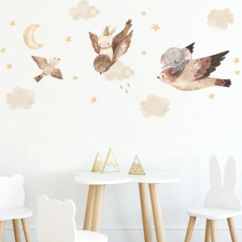 Nordic Boho Watercolor Baby Elephant Riding Bird Wall Stickers Nursery Baby Room Decor Decals for Kids Room Home Decoration