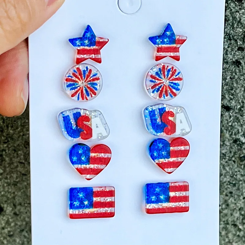 10 Pairs Glitter Acrylic Red Blue White Stripes Star Heart Independence Day Stud Earrings Women July 4th. Jewelry Wholesale