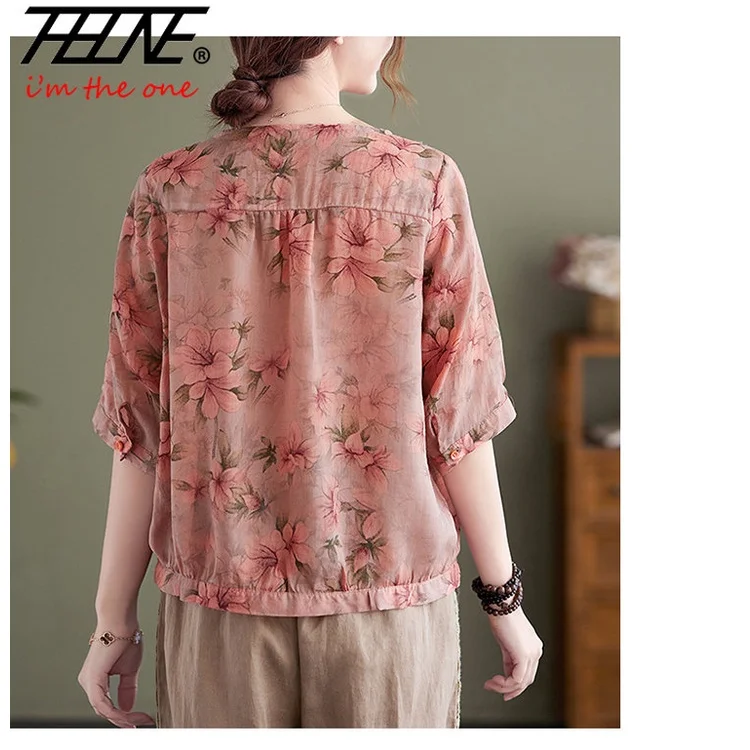 Plus Size Oversized  Women Blouses Shirts Korean Style Cotton Linen Floral V-Neck Printed Shirt Top  Summer Short Sleeve Blusas