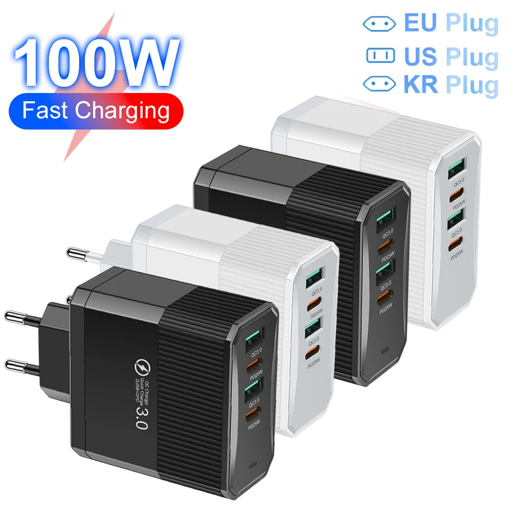 100W USB C Charger 4 Port Fast Charging Quick Charge 3.0 Phone Charger Travel Charger For iPhone Samsung Huawei EU/US/KR/UK Plug