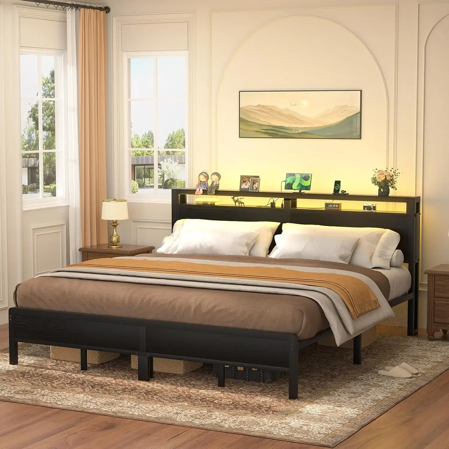 King Size Bed Frame with Charging Station and Led Lights, Industrial Metal Platform Bed with Storage Headboard, Steel S