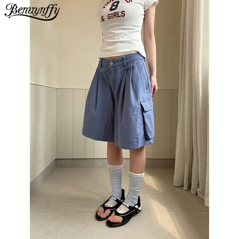 Benuynffy High Waist Y2k Streetwear Cargo Shorts Women 2026 Summer New Retro Multi-pocket Loose Wide Leg Pleated Half Pants