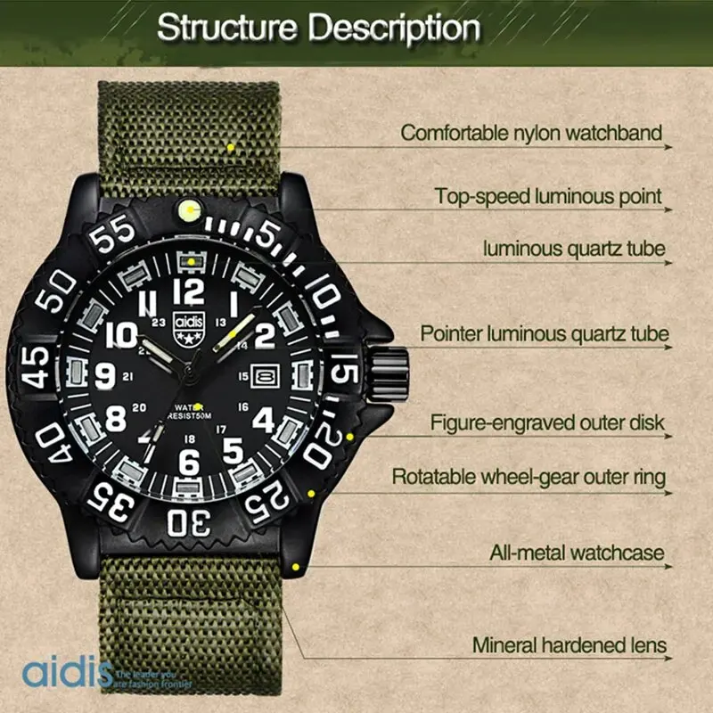 ADDIESDIVE Fashion Men\'s Analog Watch 50m Waterproof Luminous Tube Nylon Sports Men Military Wristwatches Quartz Watch for Men