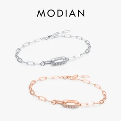 Modian Trendy 925 Sterling Silver Geometric Link Lock Bracelet for Women Classic Zirconia Chain Female Bracelets Fine Jewelry