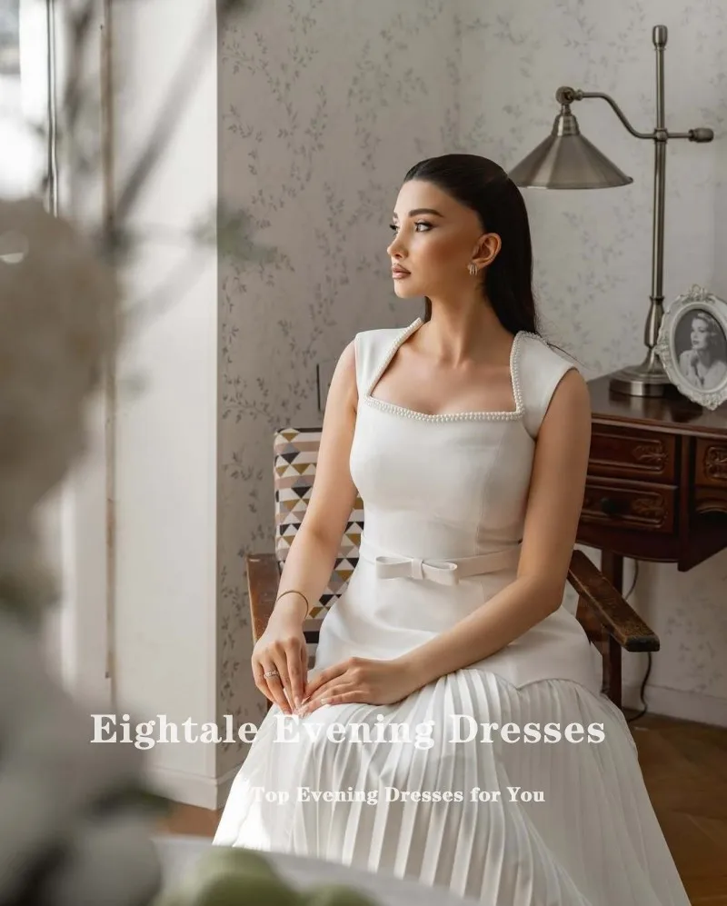 Eightale อาหรับชุดราตรีที่กําหนดเองลูกปัดไข่มุกจีบโบว์ Sashes ชีฟองพรหม Gowns งานแต่งงาน