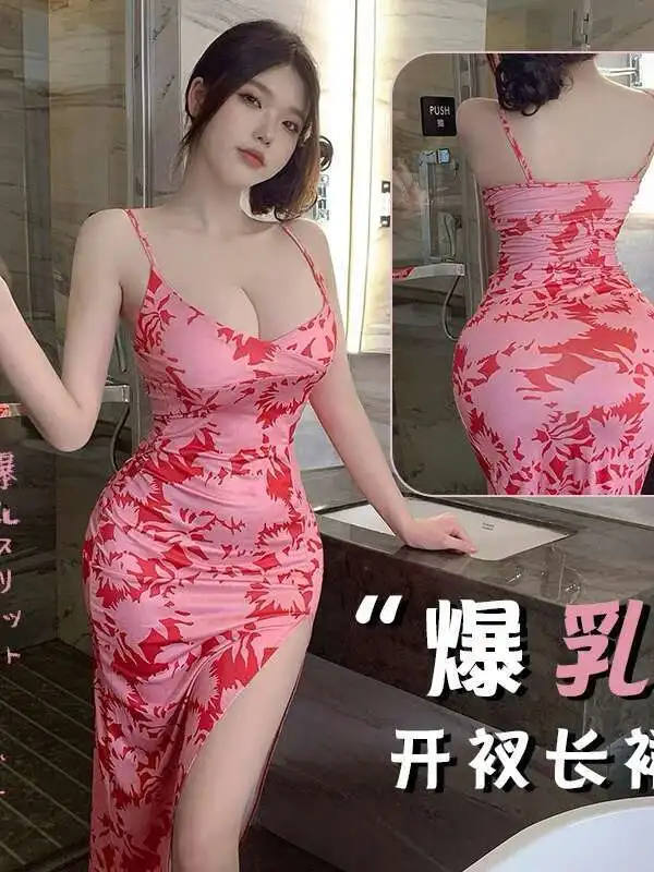 Sexy Nachtwäsche, kleine Brust, verführt Cheongsam, Schlitz, bedruckt, langes Kleid, elegante rosa süße Kleider, 2025, neue Mode für Damen, JZI4