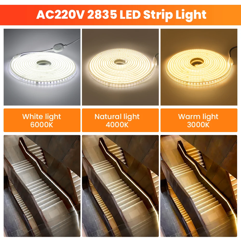 Imagem -04 - Luzes Led Strip para Home Decor Luz de Corda Flexível Ip65 Impermeável Jardim 3000k 4000k 6000k 20cm de Corte 220v ac