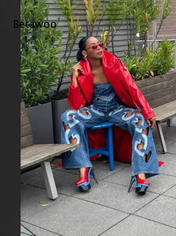 Women Stretch Denim Pants Hollow Out Embroidery Heart Pattern Straight Long Trousers Fashion Garment For Daily Wear Street Look