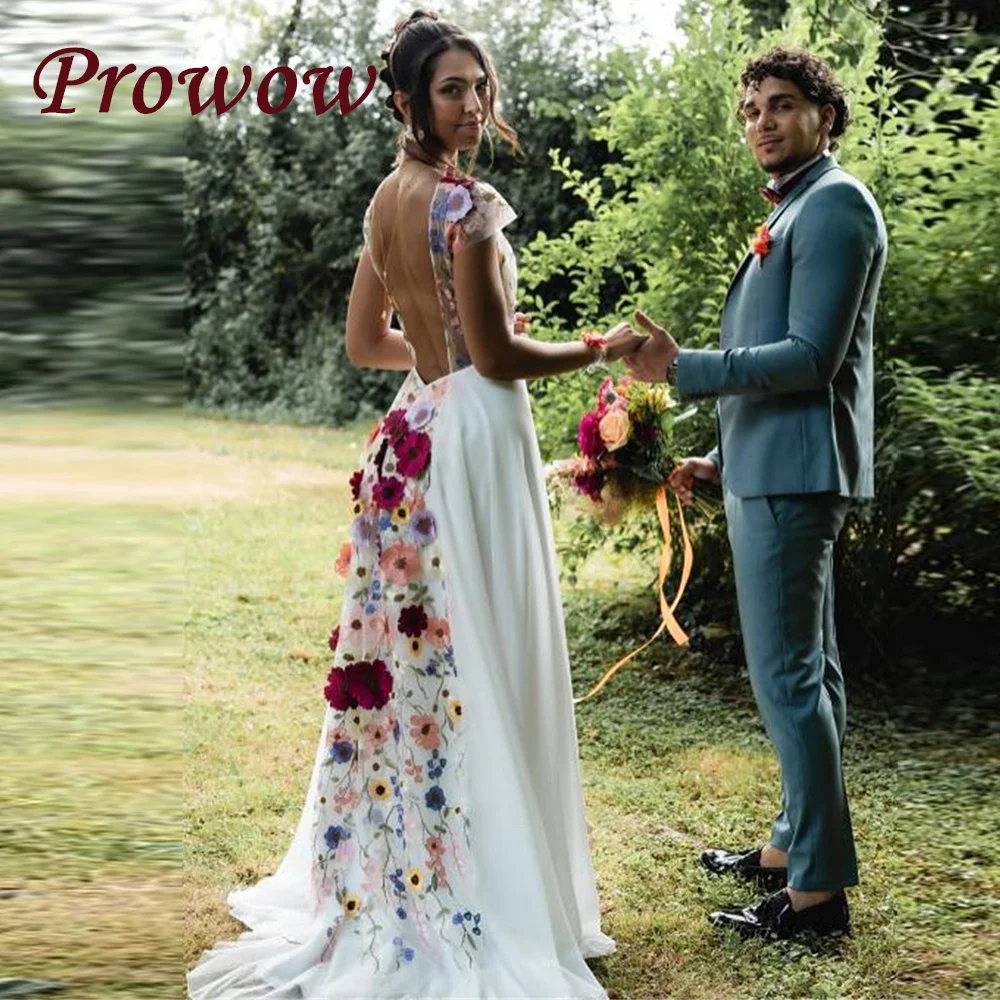 

Prowow Colorful 3D Flowers Floral Wedding Dress Women Backless Cap Sleeves V Neck A Line Embroidered Bridal Gowns Customized
