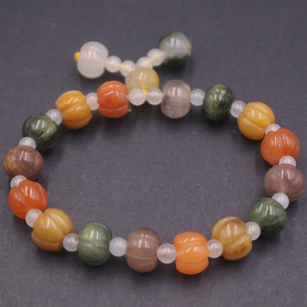 

Natural Colorful Jade Men Women Lucky 10mm Carved Pumpkin Round Beaded Bracelet