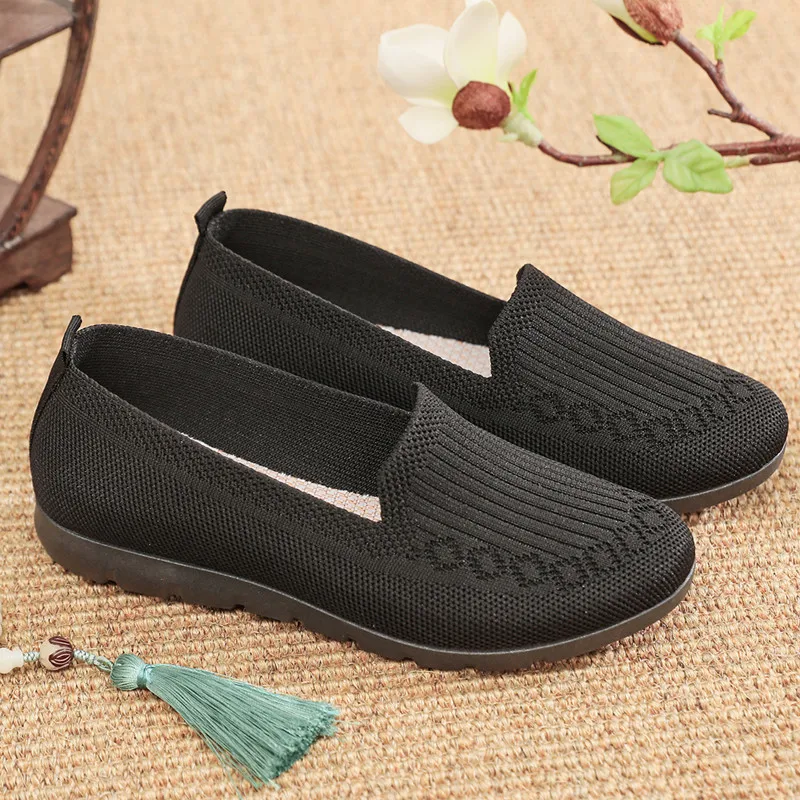 Summer New Women's Solid Color Knit Loafers Soft Sole Sport Walking Shoes for Woman Mesh Breathable Lightweight Anti Slip Flats