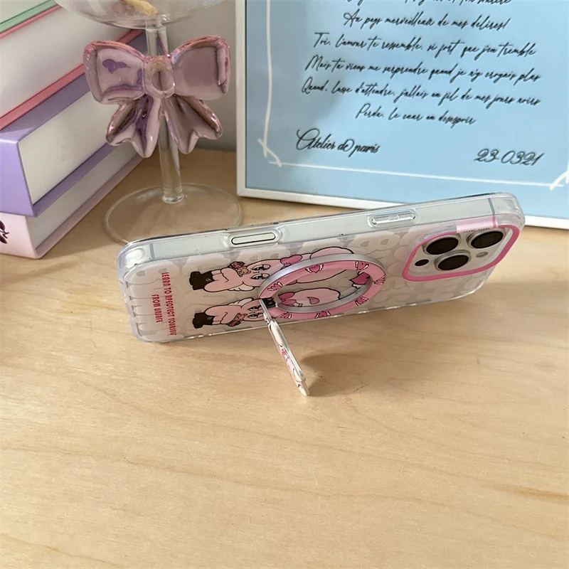 Korean Cute Pink Rabbit Magnetic Phone Case For iPhone 16 Pro 15 13 14 Pro Max Cover with Magsafe Stand Holder Grip Kawaii Cases