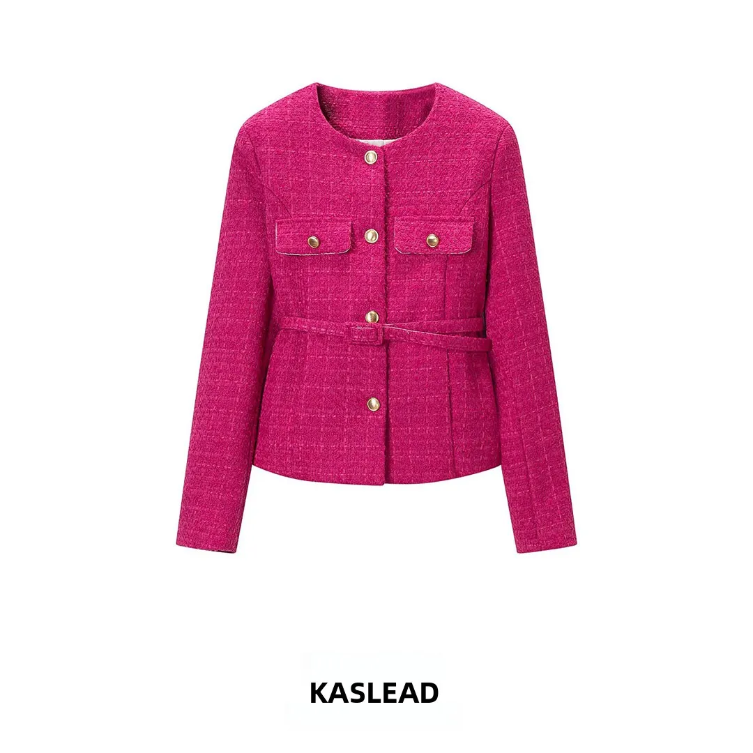 KASLEAD New Women's Fashionable Wide Tweed Waist Belted Coat Long Sleeve Button Closure Polyester Fiber Waist Cinching