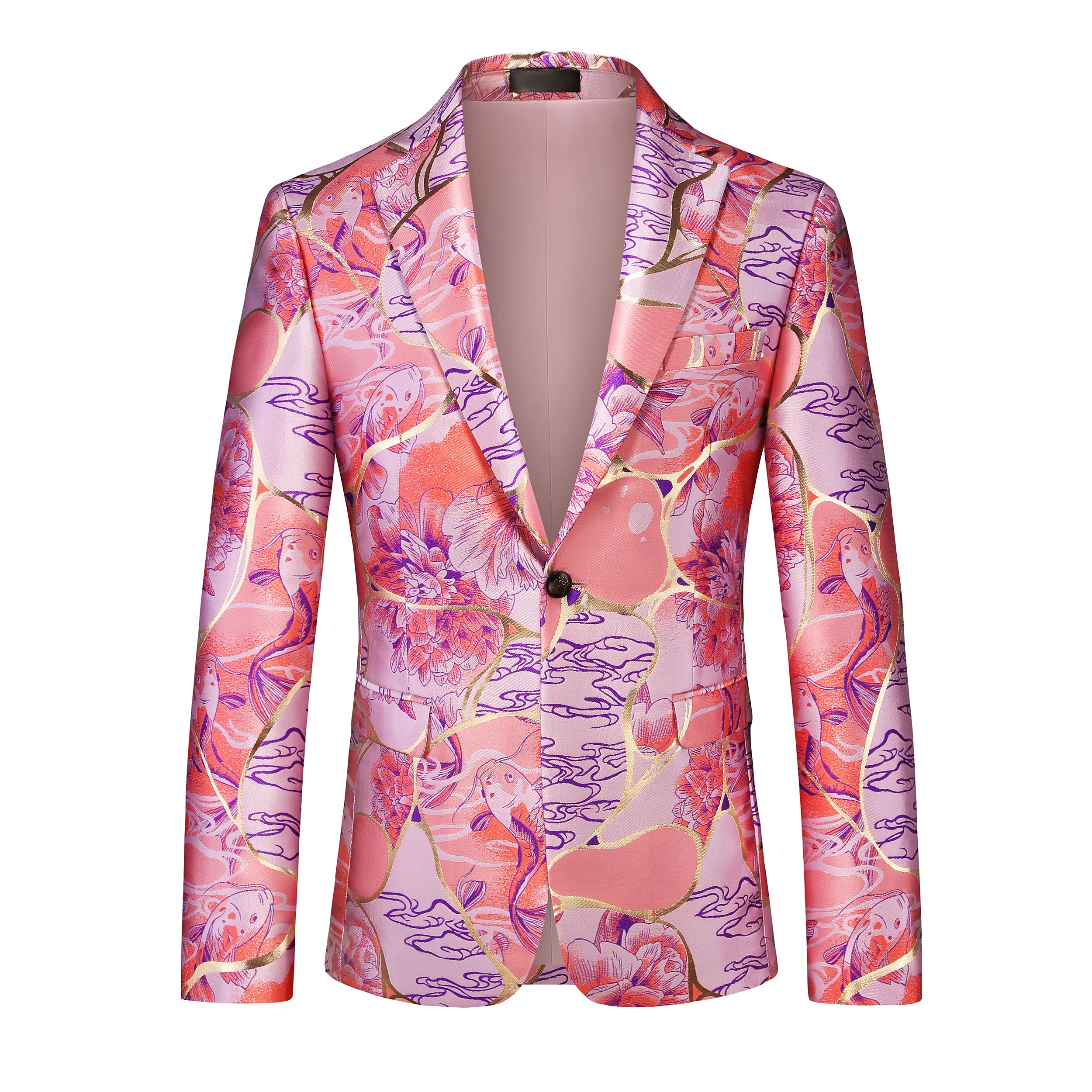 

Blue slim-fit men's fashion single-button suit jacket, available in pink, gold, and white, with sizes ranging from M to 6XL.