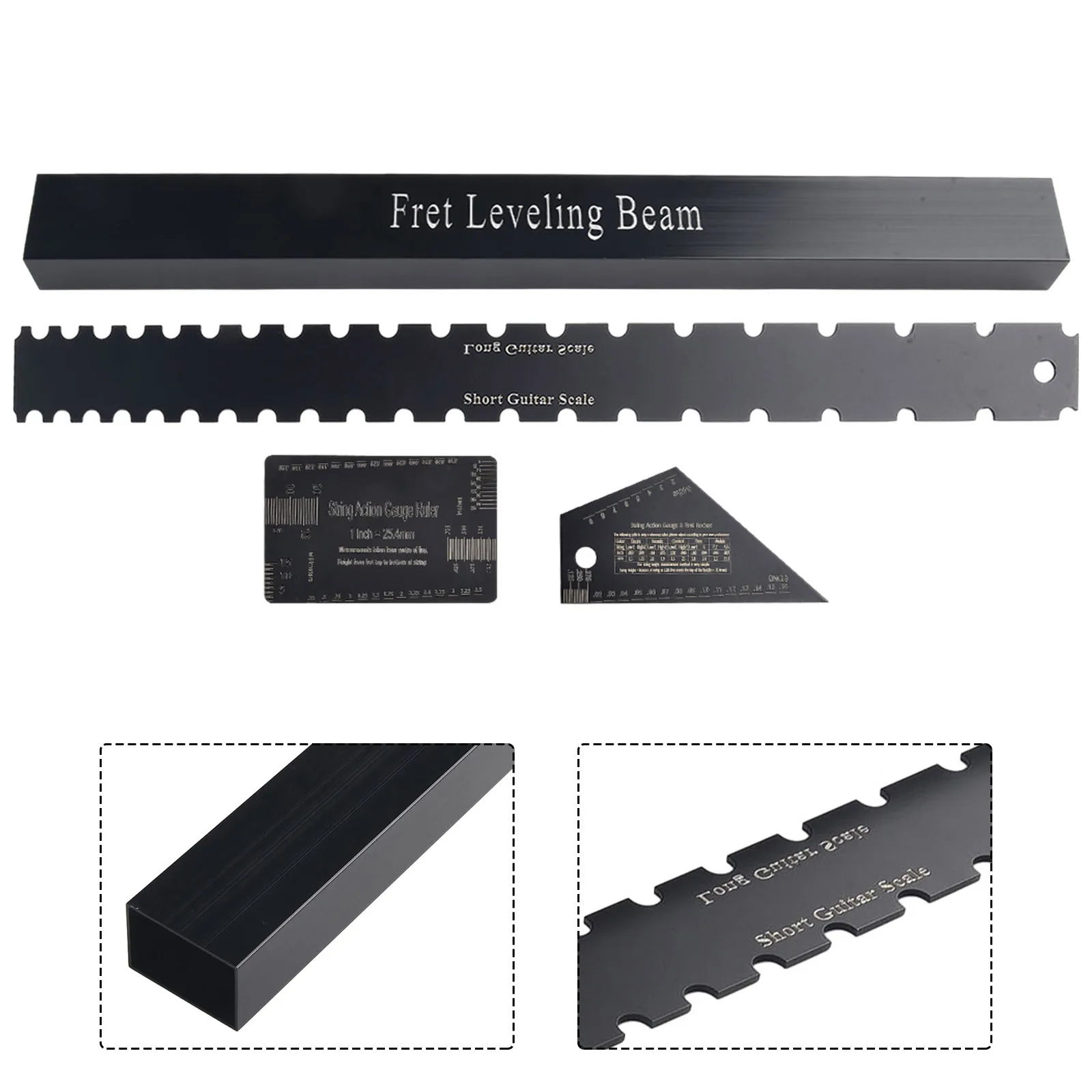 4PCS Guitar Neck Notched Straight Edge Fret Leveling Beam Ruler Gauge Height Ruler Kit Set Guitar Level Luthier Tools