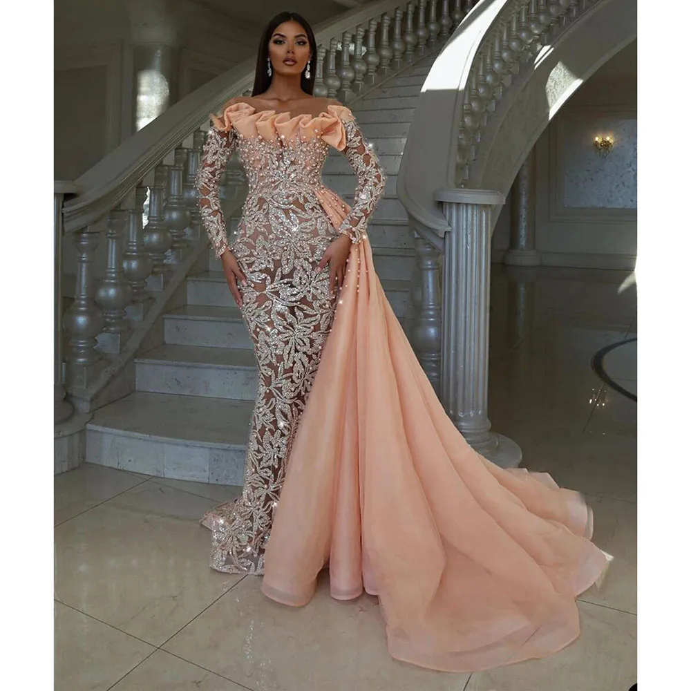 

Glitter Lace Evening Dresses With Detachable Train Customize Off Shoulder Pearls Prom Dresses Arabic Dubai Party Gowns