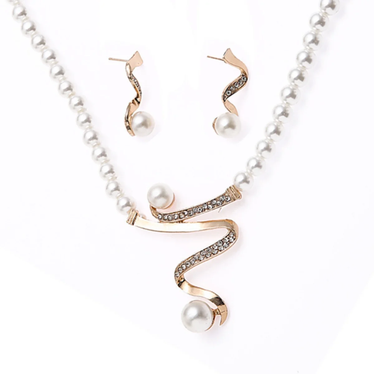 1Set New Women Bridal Wedding Party imitation Pearl Rhinestone Necklace Earrings Jewelry Set image 4