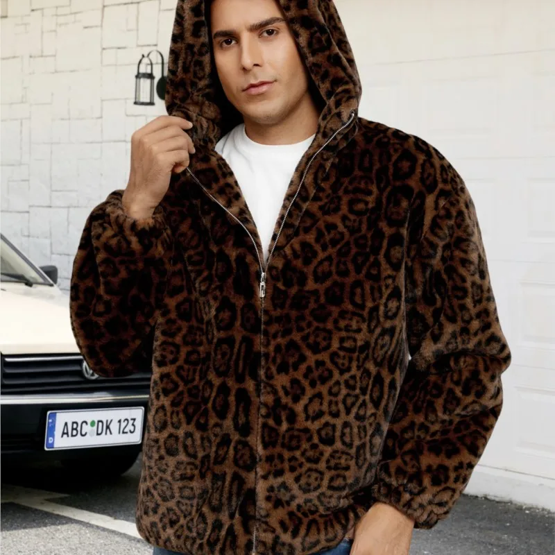 2025年新作 メンズ レオパード柄 フェイクファー ジャケット カラーブロックデザイン 厚手 暖かい プラッシュ ふわふわファー トレンド カジュアル フード付きジャケット トップス