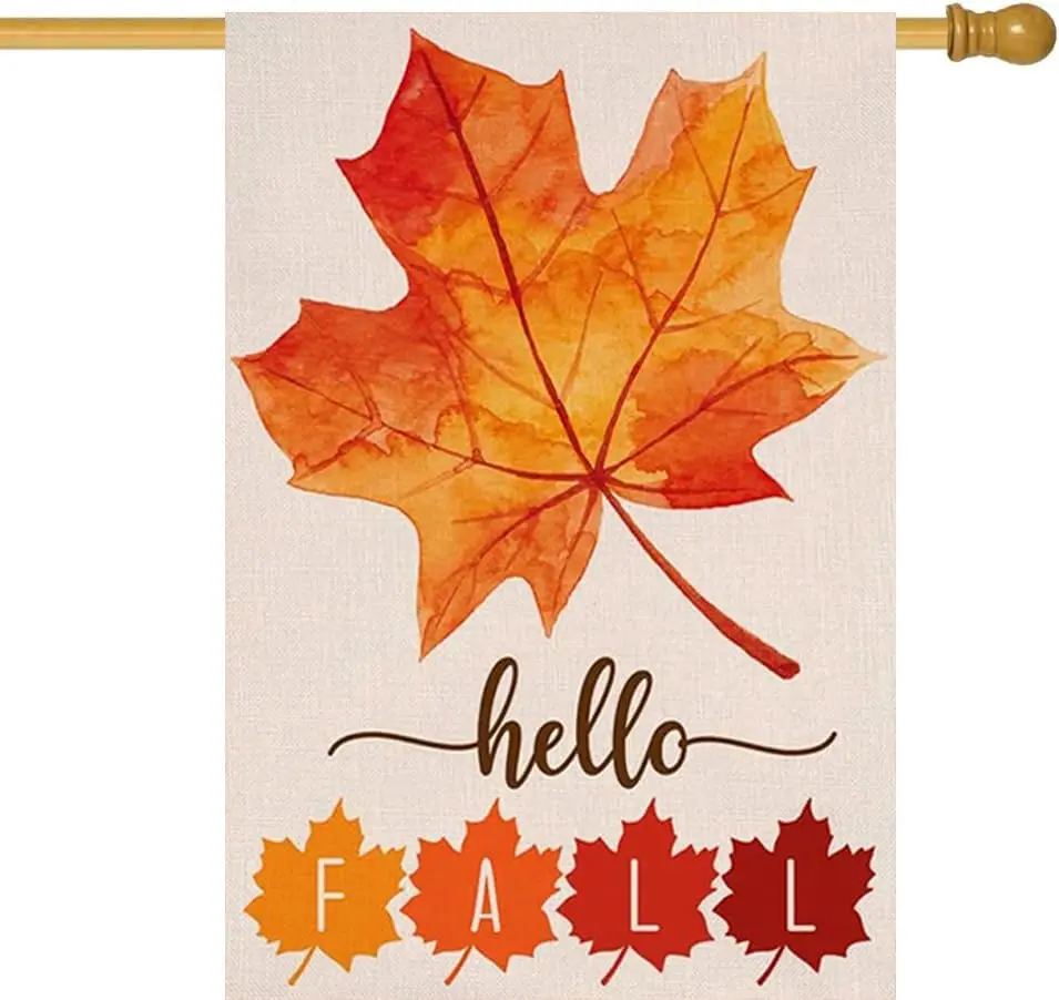 Hello Fall House Flag 28 x 40 Inch Maple Leaf Decorative House Yard Double Sided Flag for Autumn Thanksgiving Day Decoration zzo