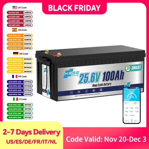 HRBEEnergy – batterie au Lithium LiFePO4 24V, 100ah, BMS 100a intégré, plus de 6000 Cycles, batterie, puissance de charge maximale de 2560W, pour camping-car, solaire, sur terrestre