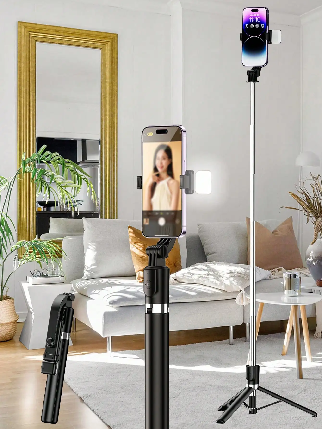 

Беспроводная палка для селфи 170 см со штативом и светодиодной подсветкой — регулируемая яркость, для съемки видеоблогов/живого/зума/на открытом воздухе